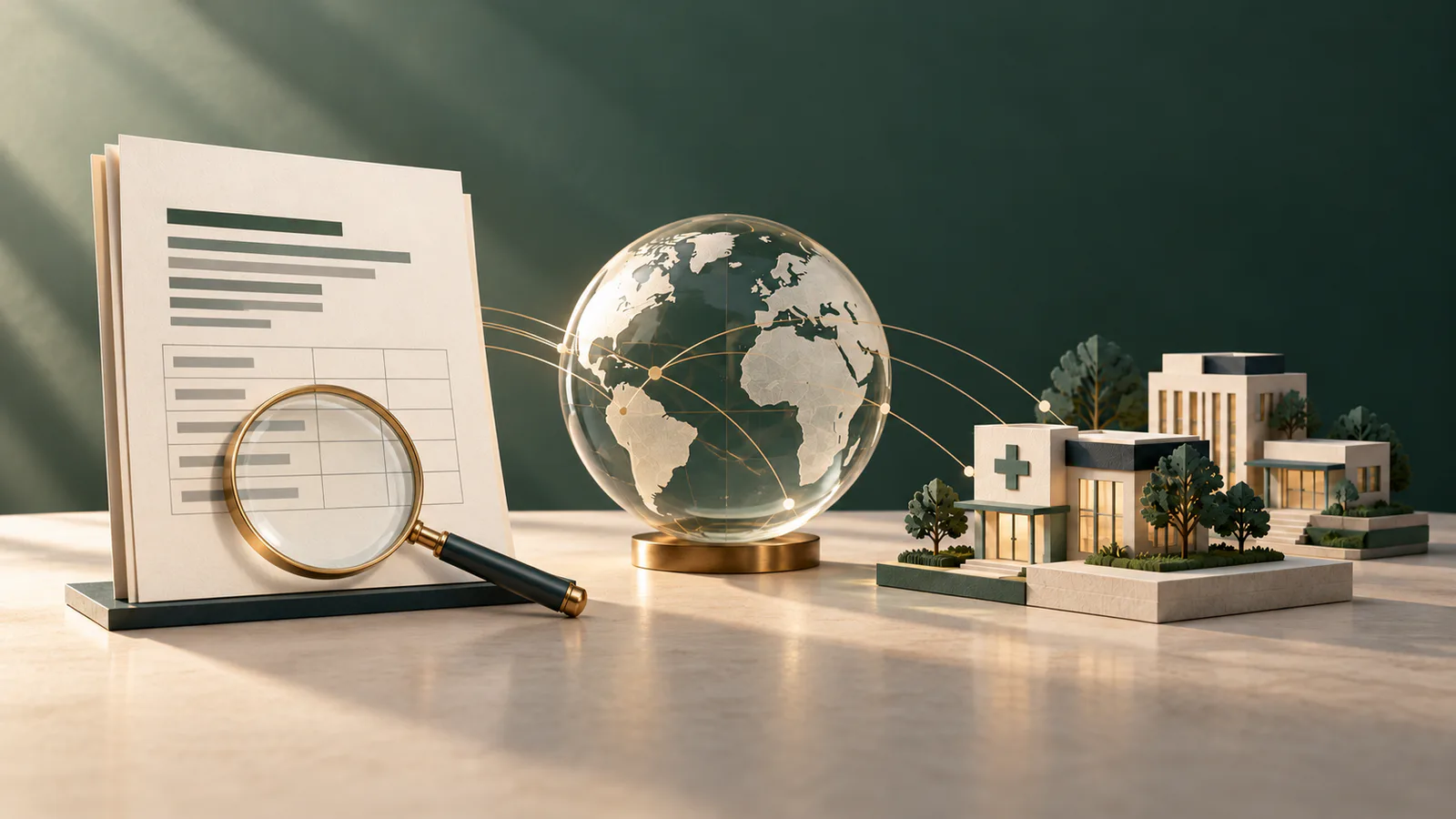 Editorial illustration of a policy document under a magnifying glass beside a globe and community health buildings.