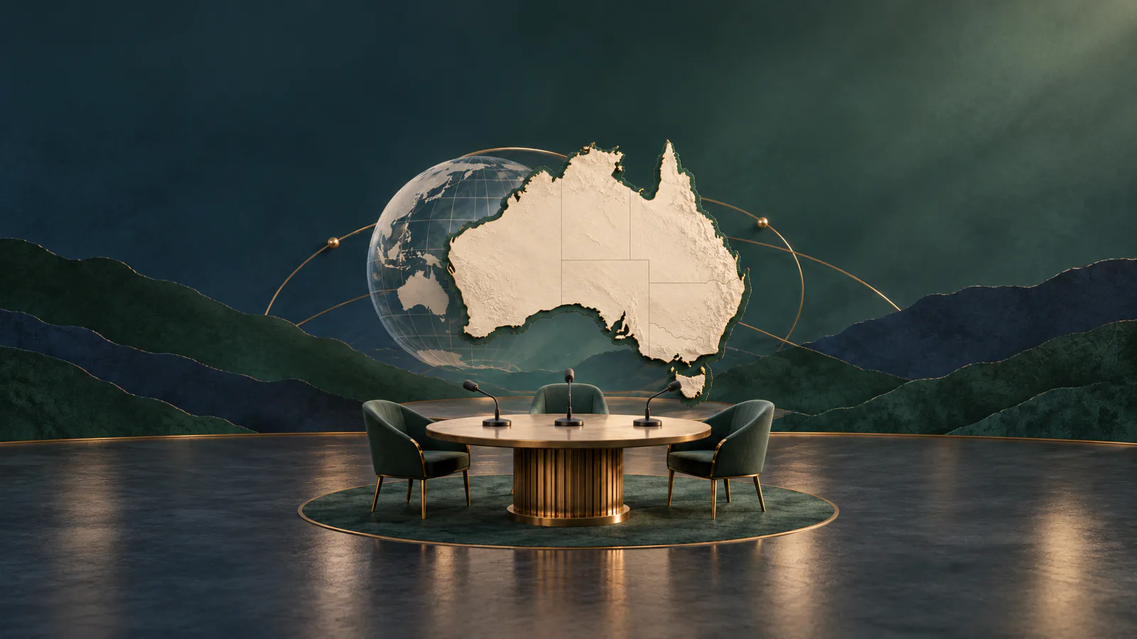 Editorial illustration of Australia above a discussion table with three microphones and a globe.